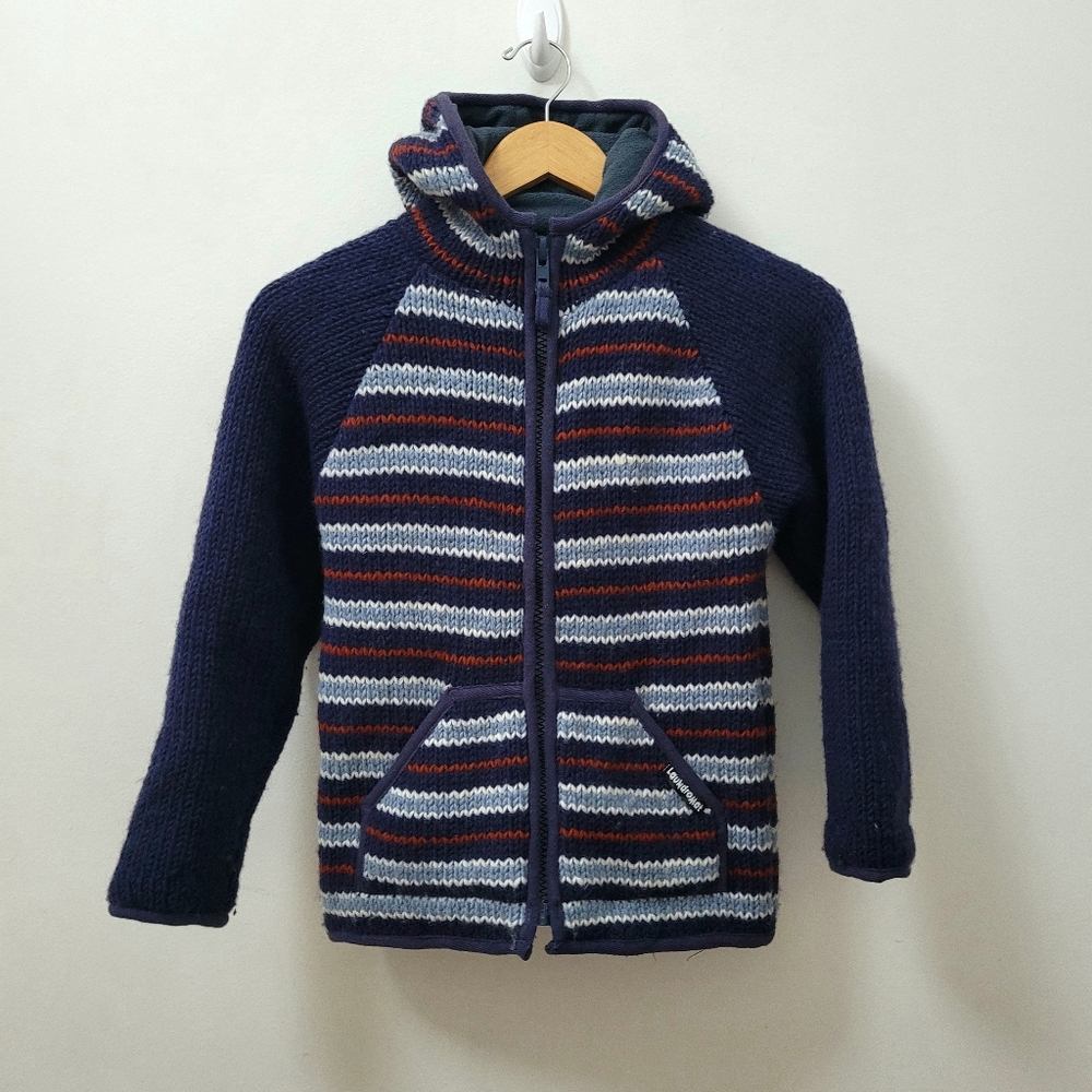 LAUNDROMAT 100% Wool Kids Striped Hood Navy Sweater Jacket Large 10-12 Yrs Old